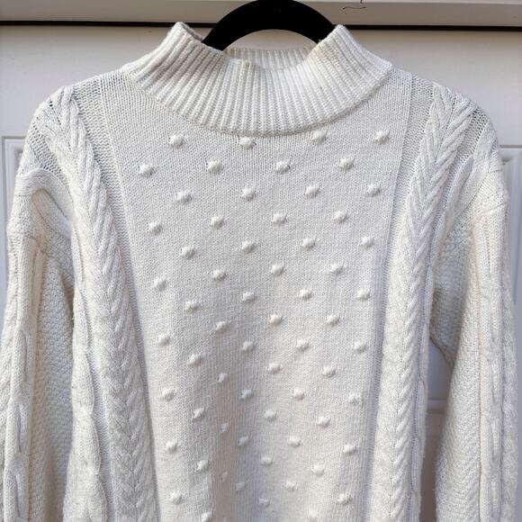 1.State White Pom-Pom Textured Cable Knit Sweater, Oversized, Cuff Sleeve Size S - Picture 3 of 6
